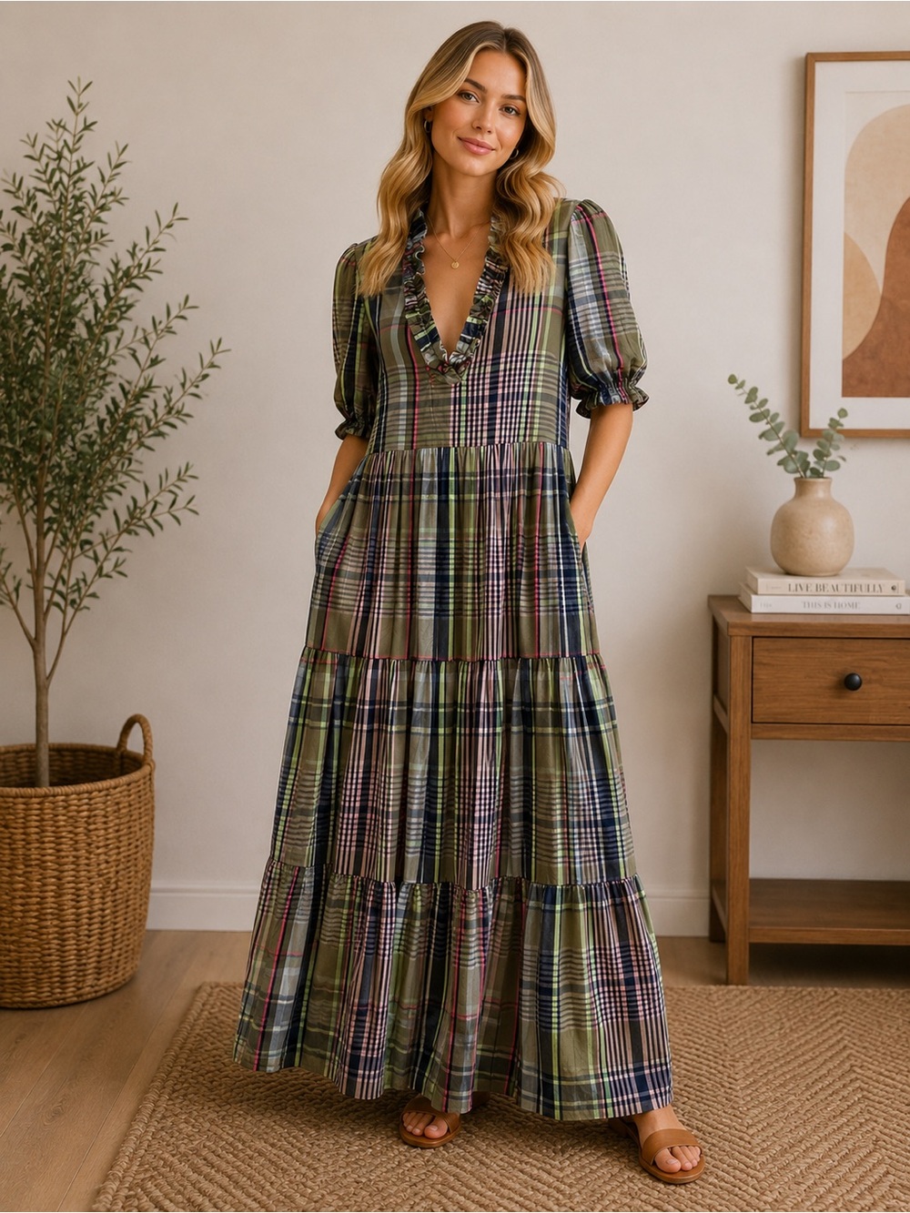 crown & ivy Olive Plaid Tiered V‑Neck Maxi Dress